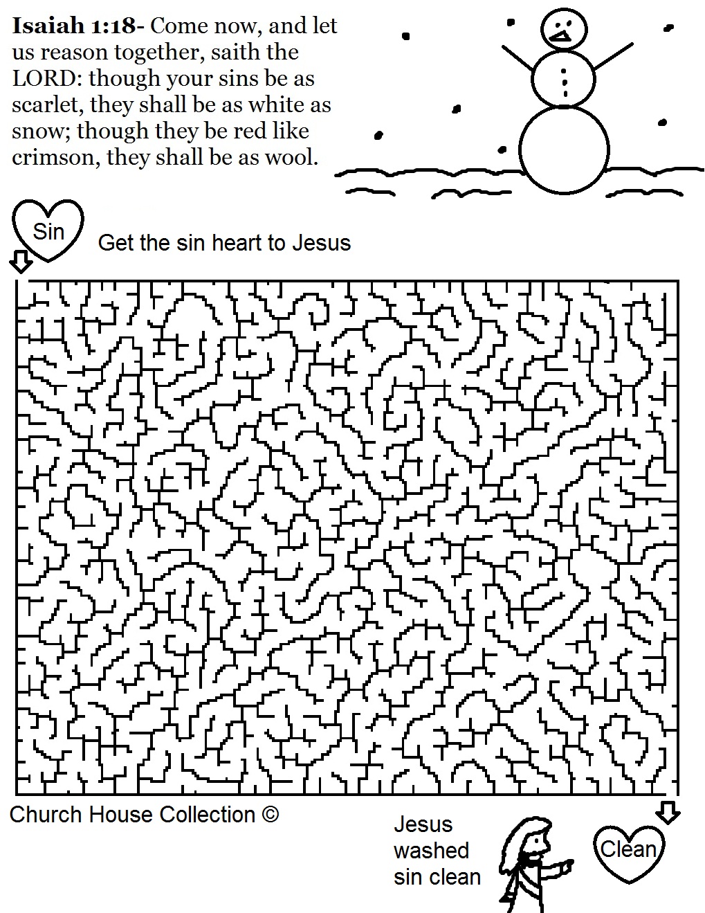 Free Christmas Snowman Isaiah 1:18 Printable Maze Template for kids in Sunday school. Use with our Free Christmas Sunday school lessons for kids. By Church House Collection.